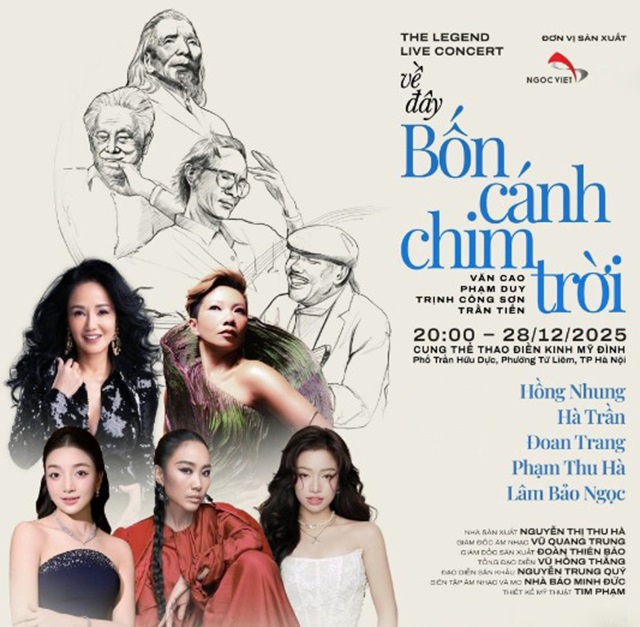 Live concert “Về đây bốn cánh chim trời” là đêm nhạc vinh danh bốn đại nhạc sĩ Việt Nam: cố nhạc sĩ Văn Cao, cố nhạc sĩ Phạm Duy, cố nhạc sĩ Trịnh Công Sơn, và nhạc sĩ Trần Tiến. Live concert “Về đây bốn cánh chim trời” là đêm nhạc vinh danh bốn đại nhạc sĩ Việt Nam: cố nhạc sĩ Văn Cao, cố nhạc sĩ Phạm Duy, cố nhạc sĩ Trịnh Công Sơn, và nhạc sĩ Trần Tiến.